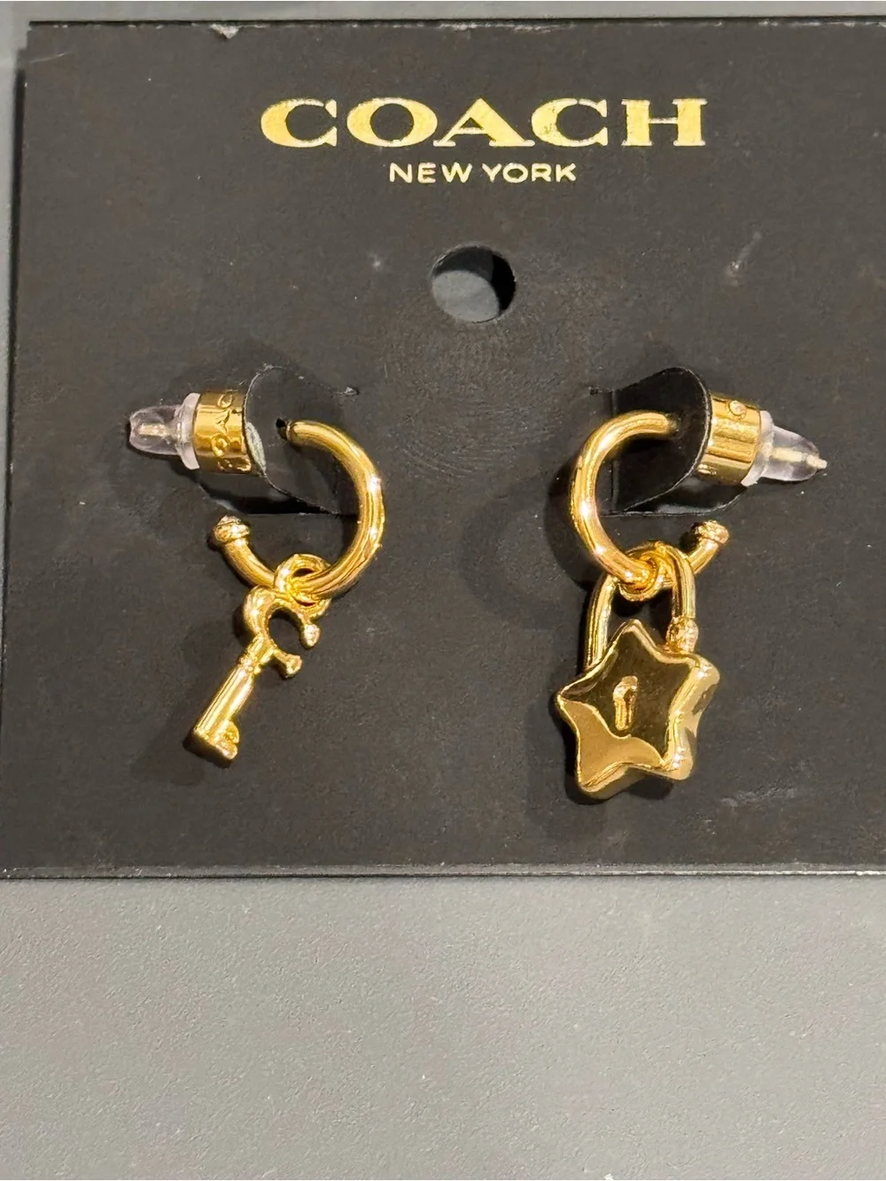 NWT Coach Gold Key & Star Lock Mismatched Mini Hoop Huggie Earrings